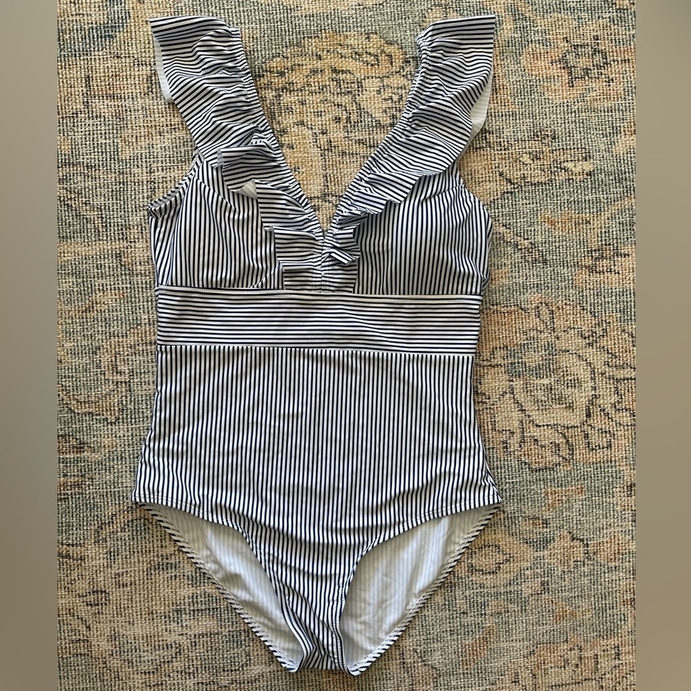 Navy Stripe Swimsuit with ruffle straps